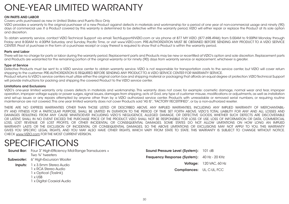 One-year limited warranty, Specifications | Vizio S4221w-C4 - Quickstart Guide User Manual | Page 30 / 32