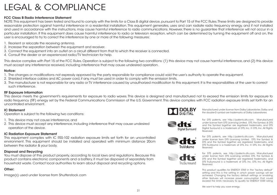 Legal & compliance | Vizio S4221w-C4 - Quickstart Guide User Manual | Page 31 / 32