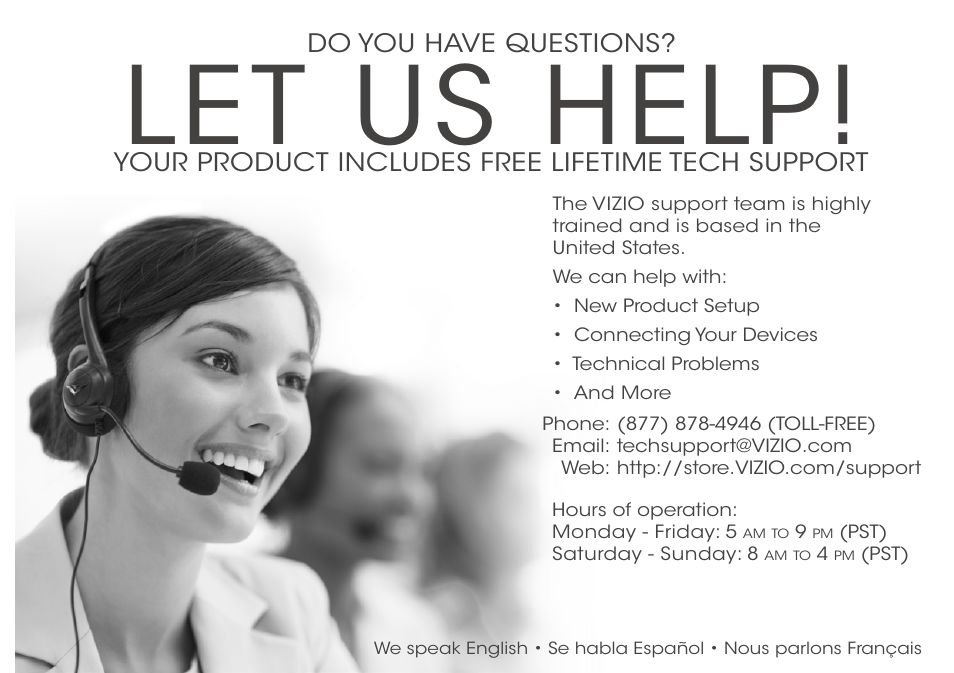Let us help, Do you have questions, Your product includes free lifetime tech support | Vizio S3821w-C0 - Quickstart Guide User Manual | Page 20 / 24
