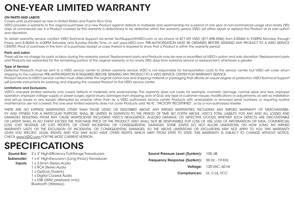 One-year limited warranty, Specifications | Vizio S3821w-C0 - Quickstart Guide User Manual | Page 22 / 24