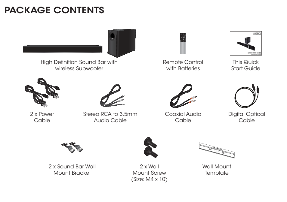 Package contents | Vizio S3821w-C0 - Quickstart Guide User Manual | Page 3 / 24