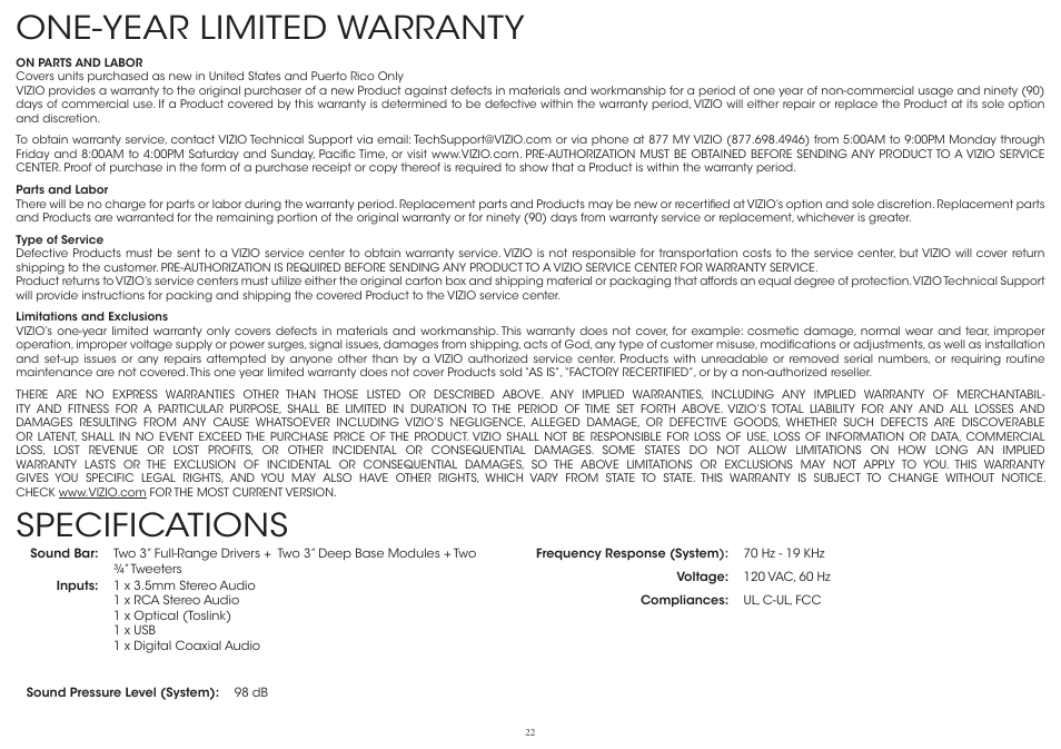 One-year limited warranty, Specifications | Vizio S4220w-E4 - Quickstart Guide User Manual | Page 22 / 24