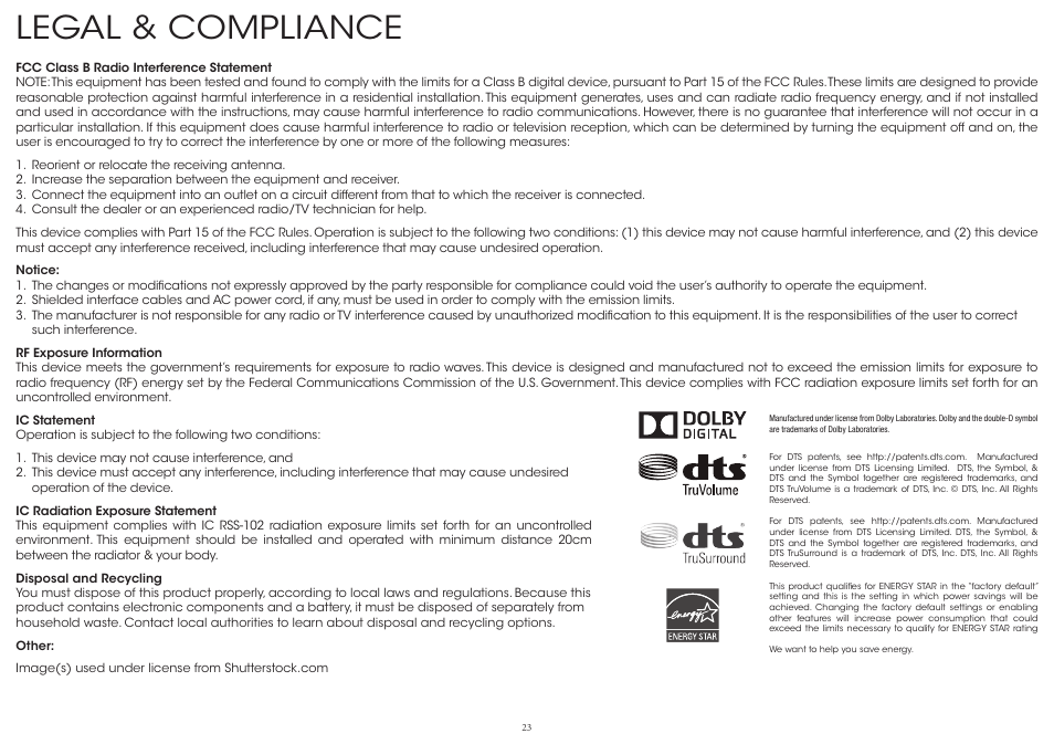 Legal & compliance | Vizio S4220w-E4 - Quickstart Guide User Manual | Page 23 / 24