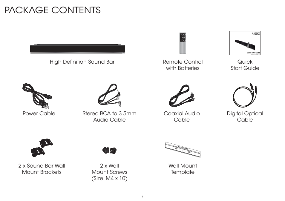 Package contents | Vizio S4220w-E4 - Quickstart Guide User Manual | Page 4 / 24