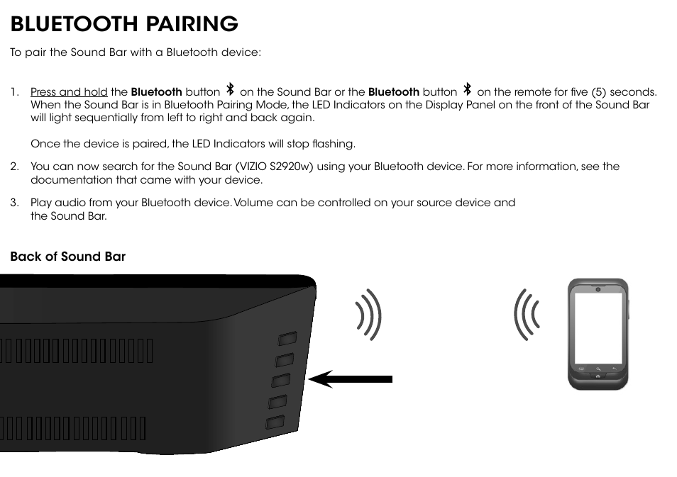 Bluetooth pairing | Vizio S2920w-C0R - Quickstart Guide User Manual | Page 12 / 24