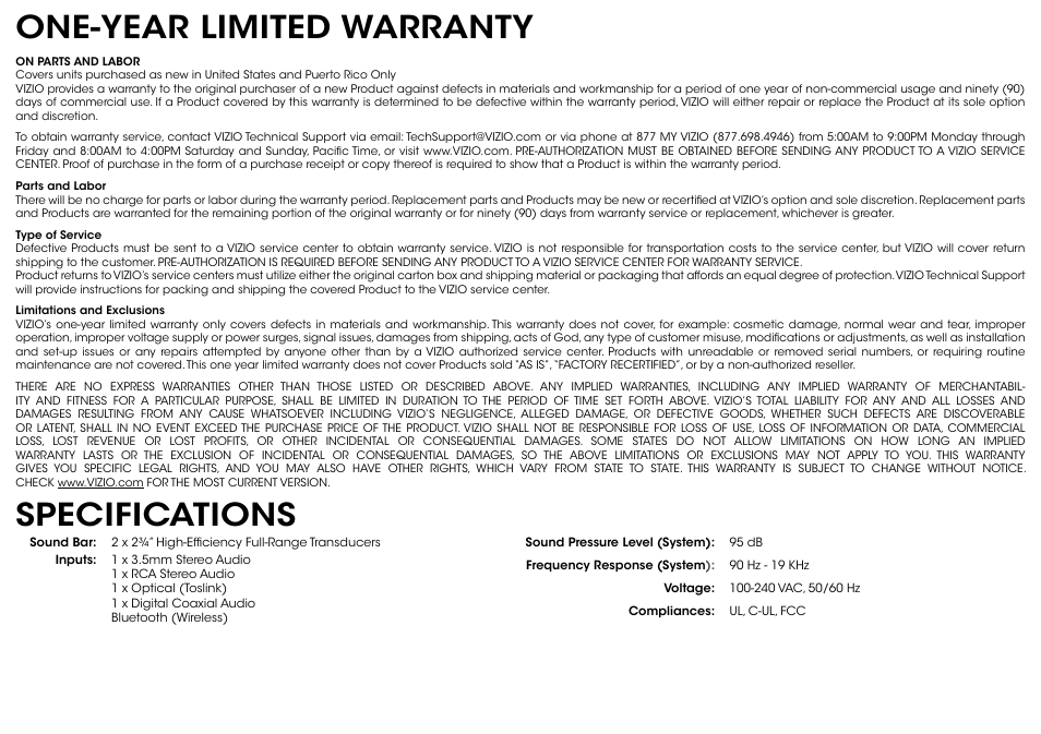 One-year limited warranty, Specifications | Vizio S2920w-C0R - Quickstart Guide User Manual | Page 22 / 24