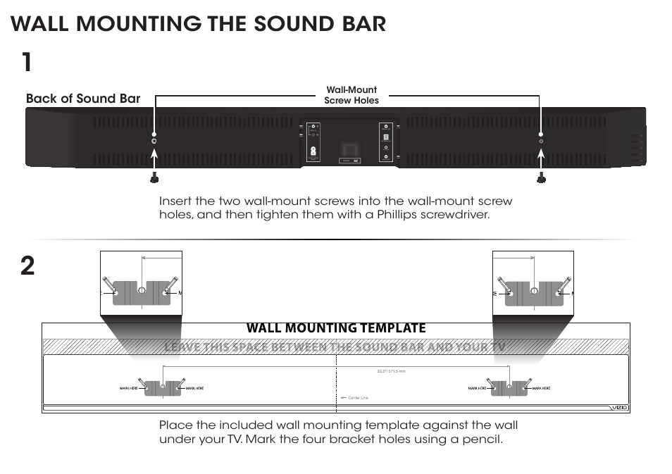 Wall mounting the sound bar, Back of sound bar | Vizio S3820w-C0 - Quickstart Guide User Manual | Page 16 / 24