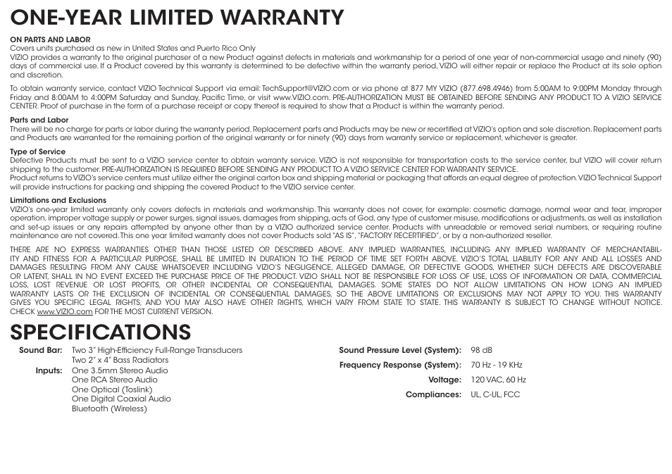 One-year limited warranty, Specifications | Vizio S3820w-C0 - Quickstart Guide User Manual | Page 22 / 24
