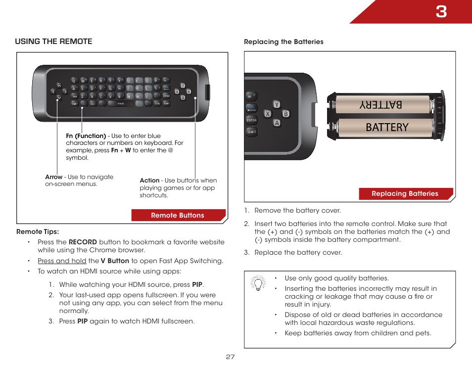 Batter y, Using the remote | Vizio VAP430 - User Manual User Manual | Page 27 / 62