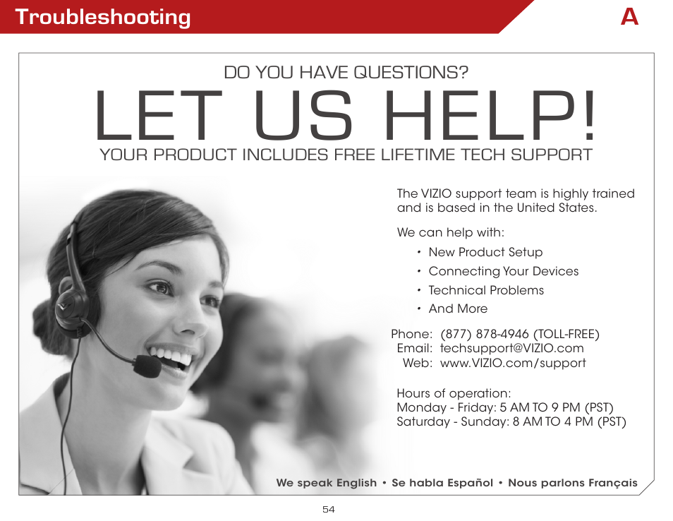 Let us help, Troubleshooting, Do you have questions | Vizio VAP430 - User Manual User Manual | Page 54 / 62