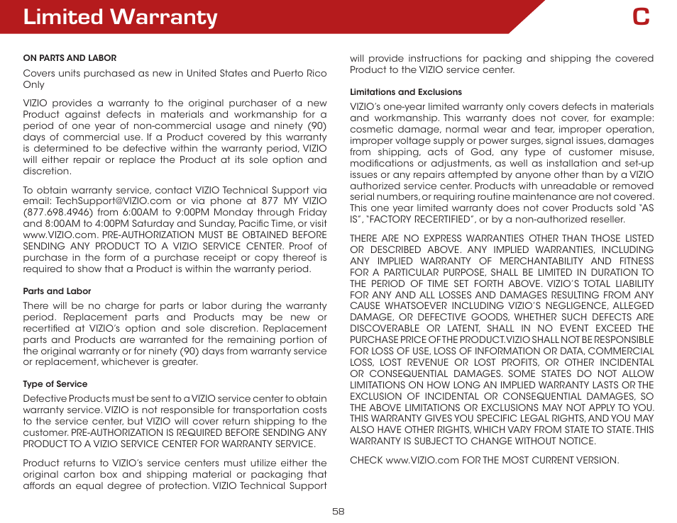 Limited warranty | Vizio VAP430 - User Manual User Manual | Page 58 / 62