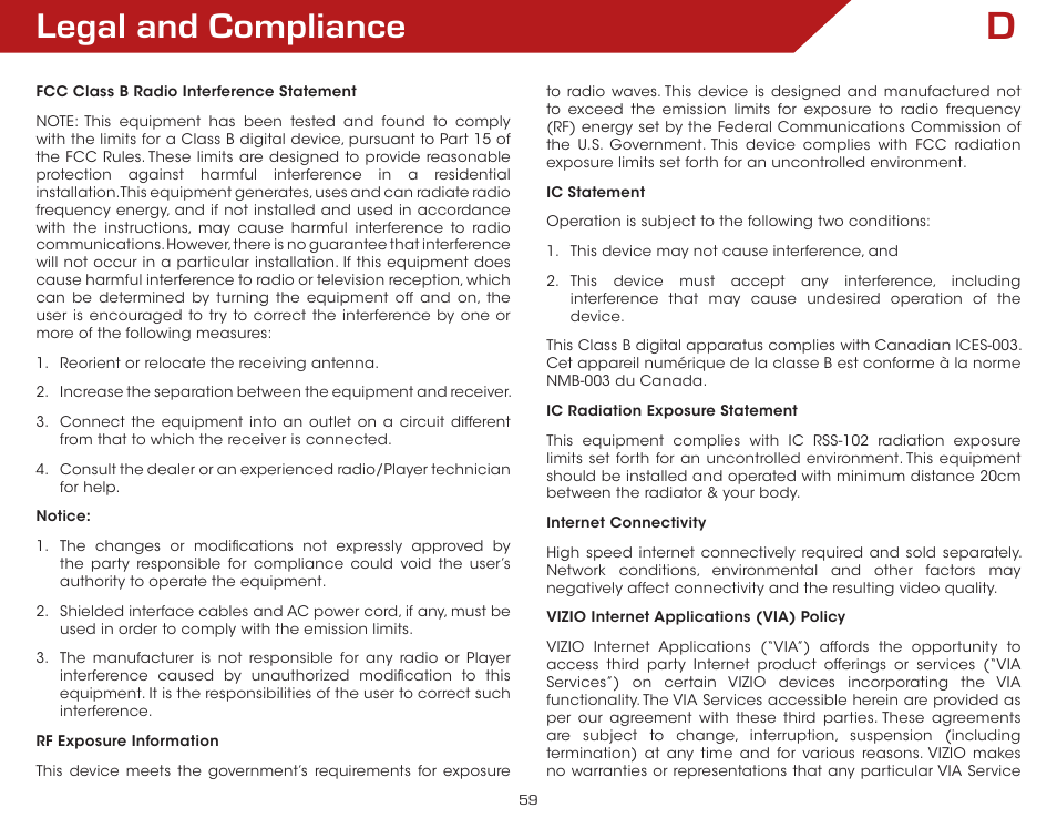 Legal and compliance | Vizio VAP430 - User Manual User Manual | Page 59 / 62