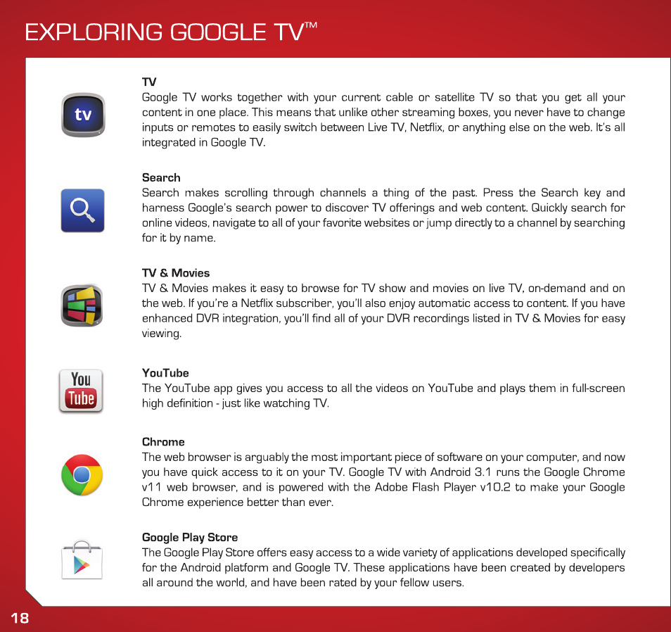 Exploring google tv, Search, Tv si movies | Youtube, Chrome, Google play store | Vizio VAP430 - Quickstart Guide User Manual | Page 18 / 24