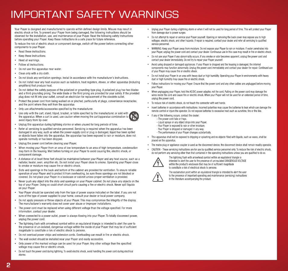 Important safety warnings | Vizio VAP430 - Quickstart Guide User Manual | Page 2 / 24