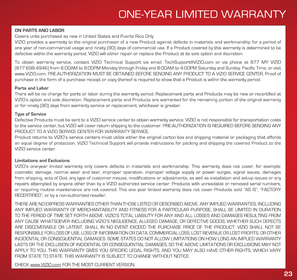 Ne-year limited warranty, Limitations and exclusions | Vizio VAP430 - Quickstart Guide User Manual | Page 23 / 24