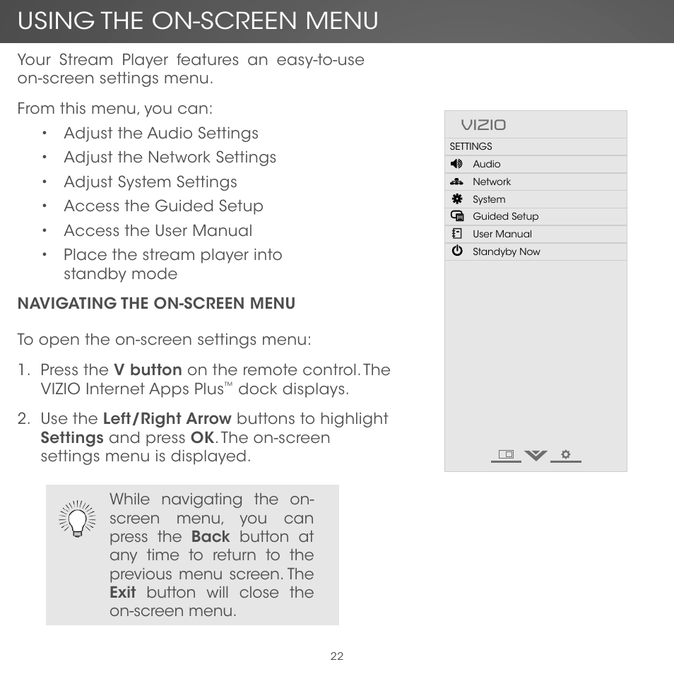 Using the on-screen menu, Vizio | Vizio Co-Star LT Stream Player - Quickstart Guide User Manual | Page 24 / 40
