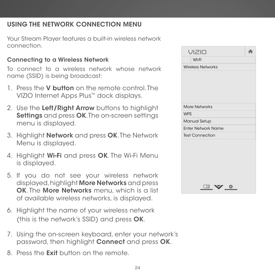 Using the network connection menu, Vizio | Vizio Co-Star LT Stream Player - Quickstart Guide User Manual | Page 26 / 40