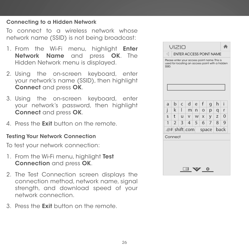 Vizio, Connecting to a hidden network, Testing your network connection | Vizio Co-Star LT Stream Player - Quickstart Guide User Manual | Page 28 / 40