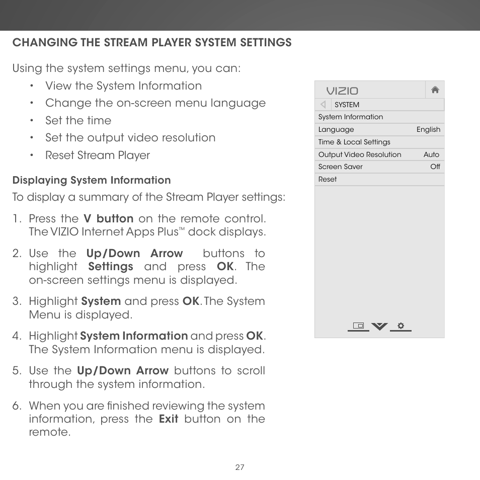 Vizio, Displaying system information | Vizio Co-Star LT Stream Player - Quickstart Guide User Manual | Page 29 / 40