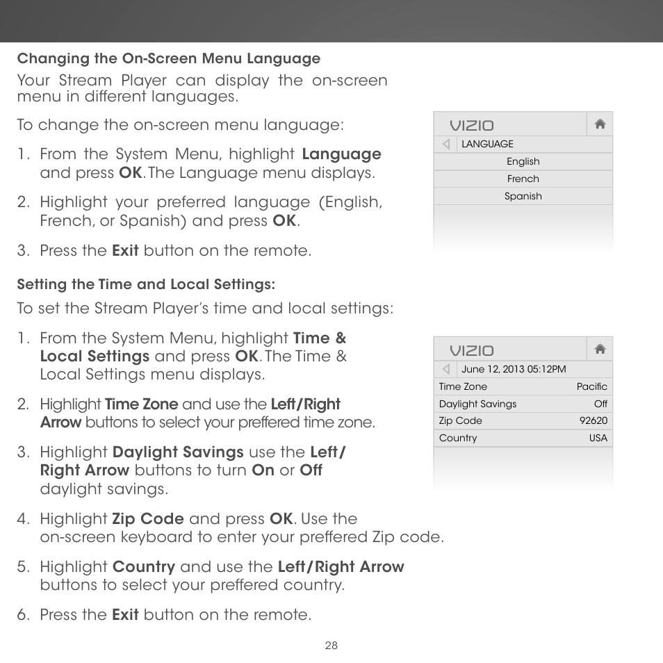 Vizio, Changing the on-screen menu language, Setting the time and local settings | Vizio Co-Star LT Stream Player - Quickstart Guide User Manual | Page 30 / 40