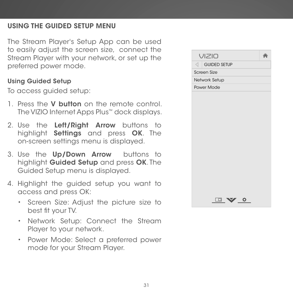 Vizio, Using guided setup | Vizio Co-Star LT Stream Player - Quickstart Guide User Manual | Page 33 / 40