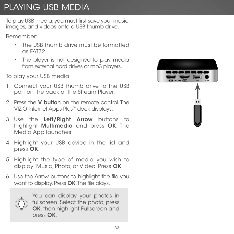 Playing usb media | Vizio Co-Star LT Stream Player - Quickstart Guide User Manual | Page 35 / 40