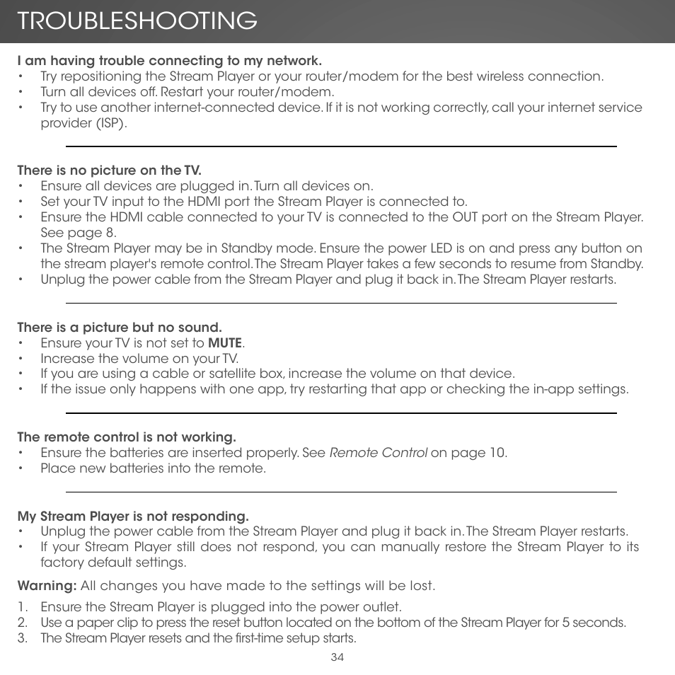 Troubleshooting | Vizio Co-Star LT Stream Player - Quickstart Guide User Manual | Page 36 / 40