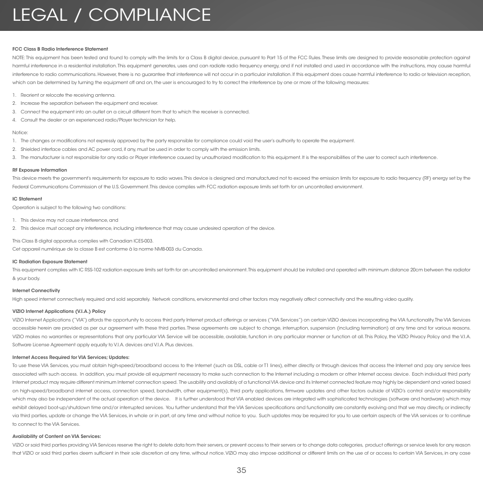Legal / compliance | Vizio Co-Star LT Stream Player - Quickstart Guide User Manual | Page 37 / 40