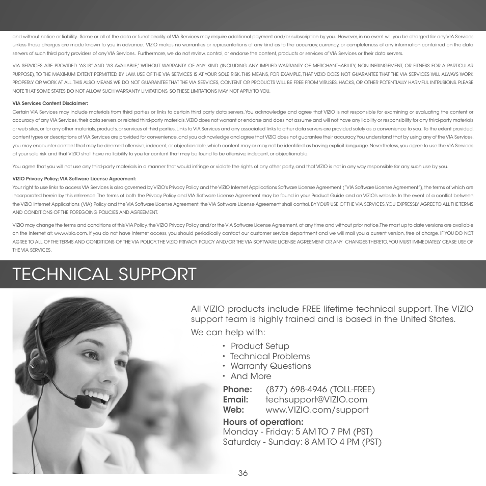 Technical support | Vizio Co-Star LT Stream Player - Quickstart Guide User Manual | Page 38 / 40