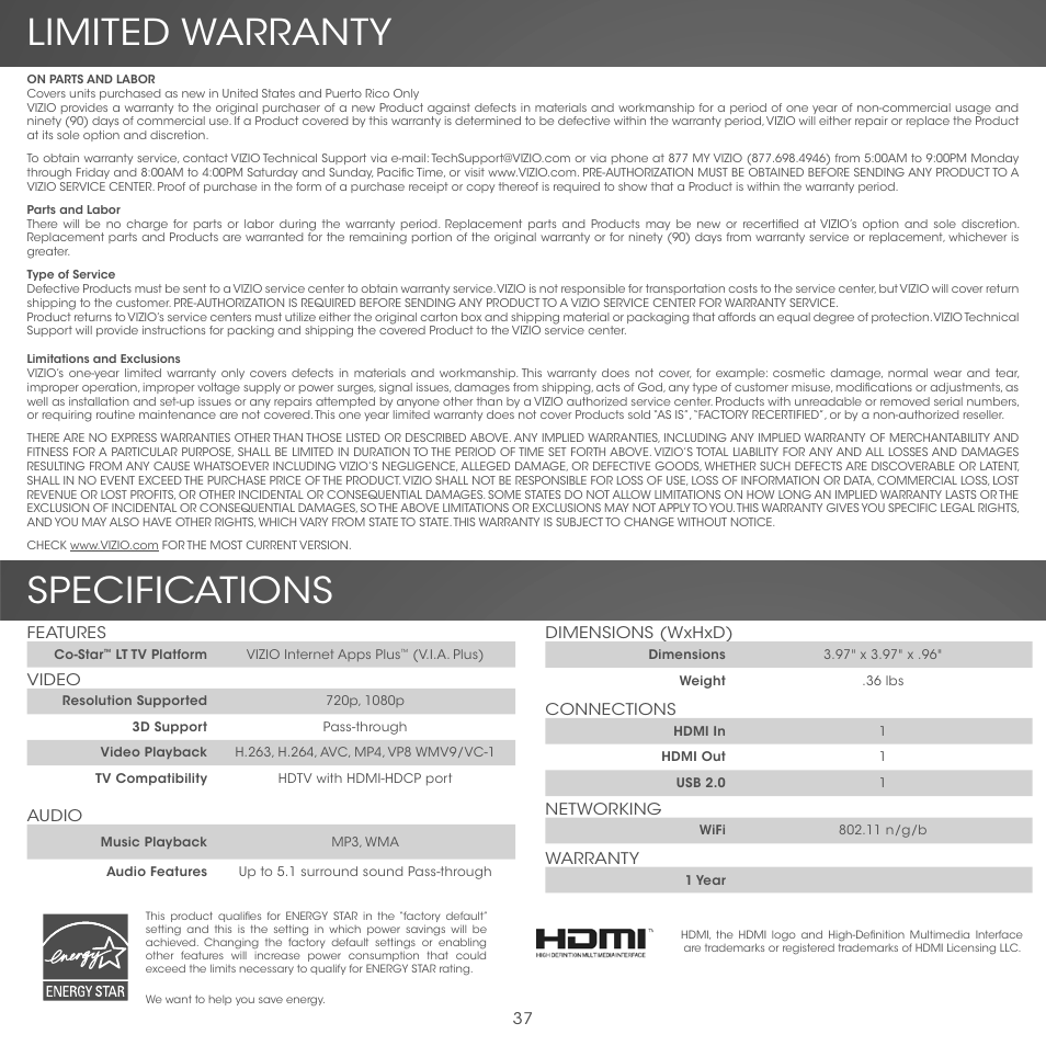 Specifications, Limited warranty | Vizio Co-Star LT Stream Player - Quickstart Guide User Manual | Page 39 / 40