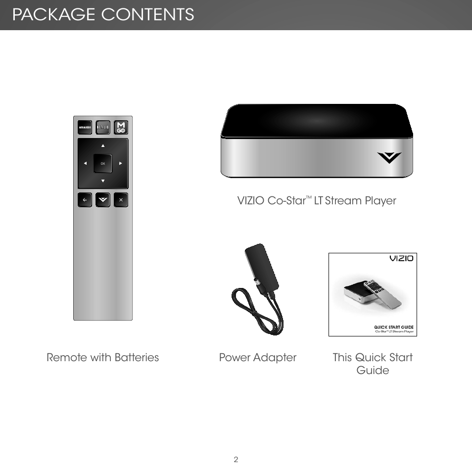 Package contents | Vizio Co-Star LT Stream Player - Quickstart Guide User Manual | Page 4 / 40