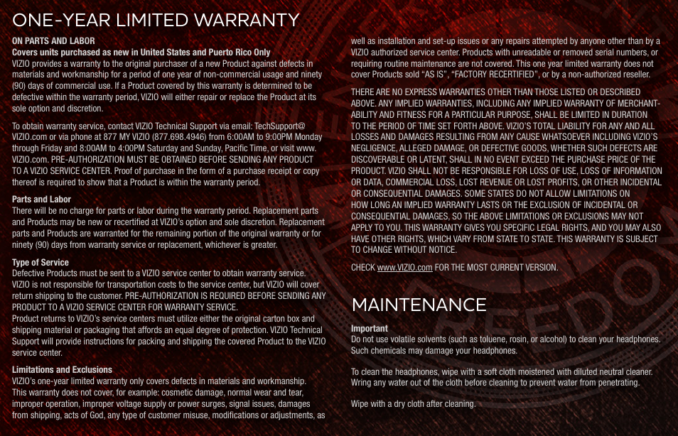 One-year limited warranty, Maintenance | Vizio XVTHB100 - Quickstart Guide User Manual | Page 13 / 16