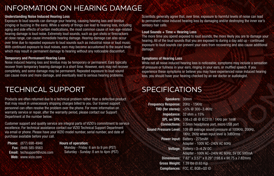 Specifications, Technical support, Information on hearing damage | Vizio XVTHB100 - Quickstart Guide User Manual | Page 15 / 16