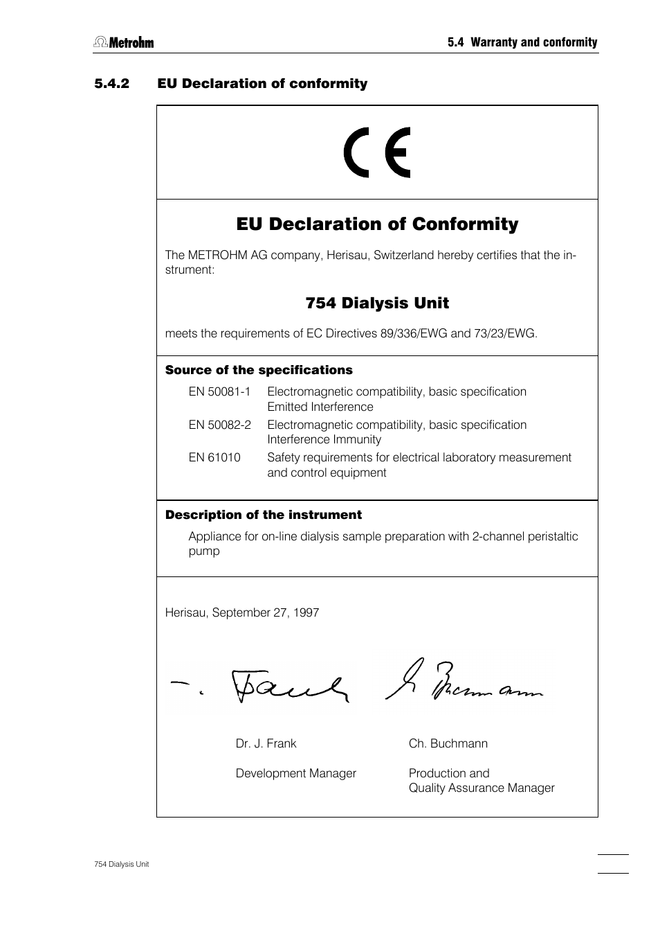 Eu declaration of conformity, 754 dialysis unit | Metrohm 754 Dialysis Unit User Manual | Page 44 / 49