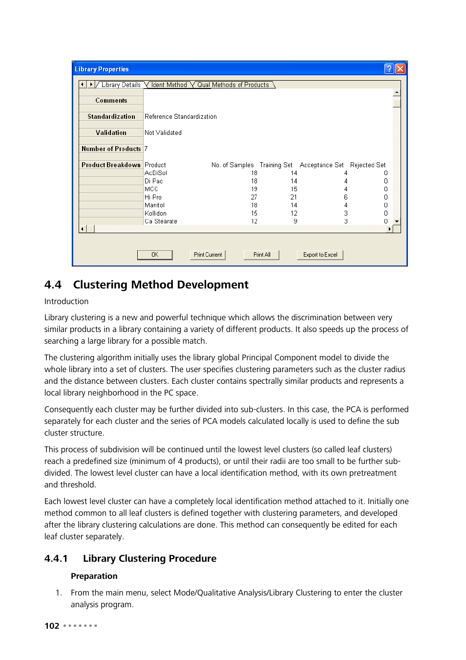 4 clustering method development, 1 library clustering procedure, Clustering method development | Library clustering procedure | Metrohm Vision Manual User Manual | Page 104 / 207