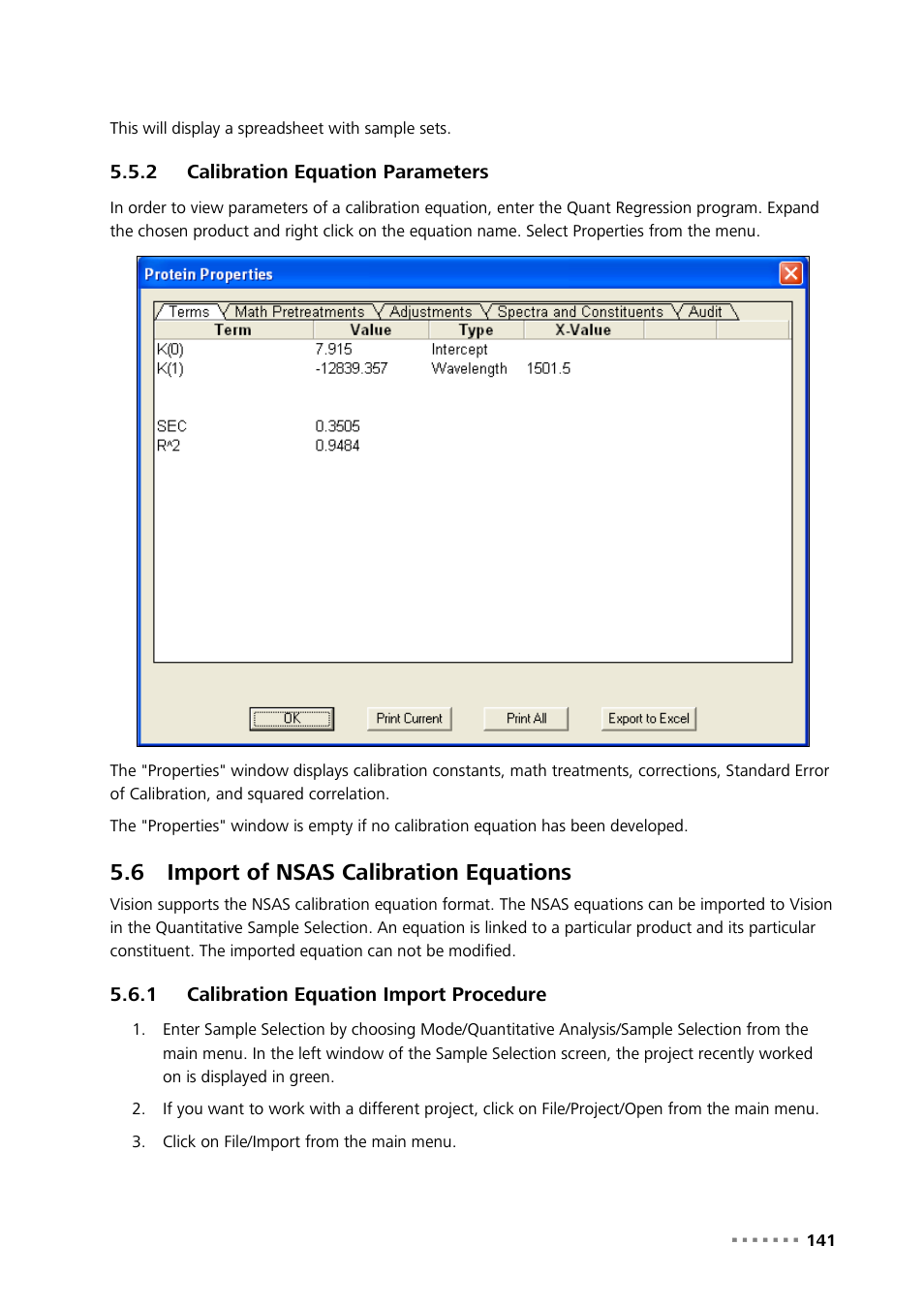 2 calibration equation parameters, 6 import of nsas calibration equations, 1 calibration equation import procedure | Calibration equation parameters, Import of nsas calibration equations, Calibration equation import procedure | Metrohm Vision Manual User Manual | Page 143 / 207