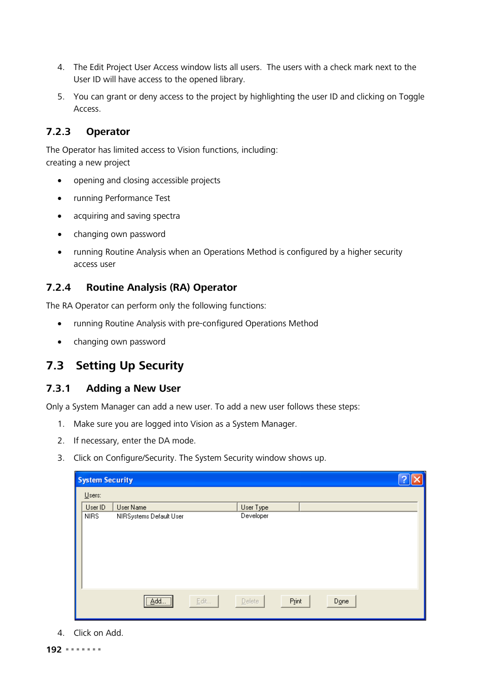 3 operator, 4 routine analysis (ra) operator, 3 setting up security | 1 adding a new user, Operator, Routine analysis (ra) operator, Setting up security, Adding a new user | Metrohm Vision Manual User Manual | Page 194 / 207