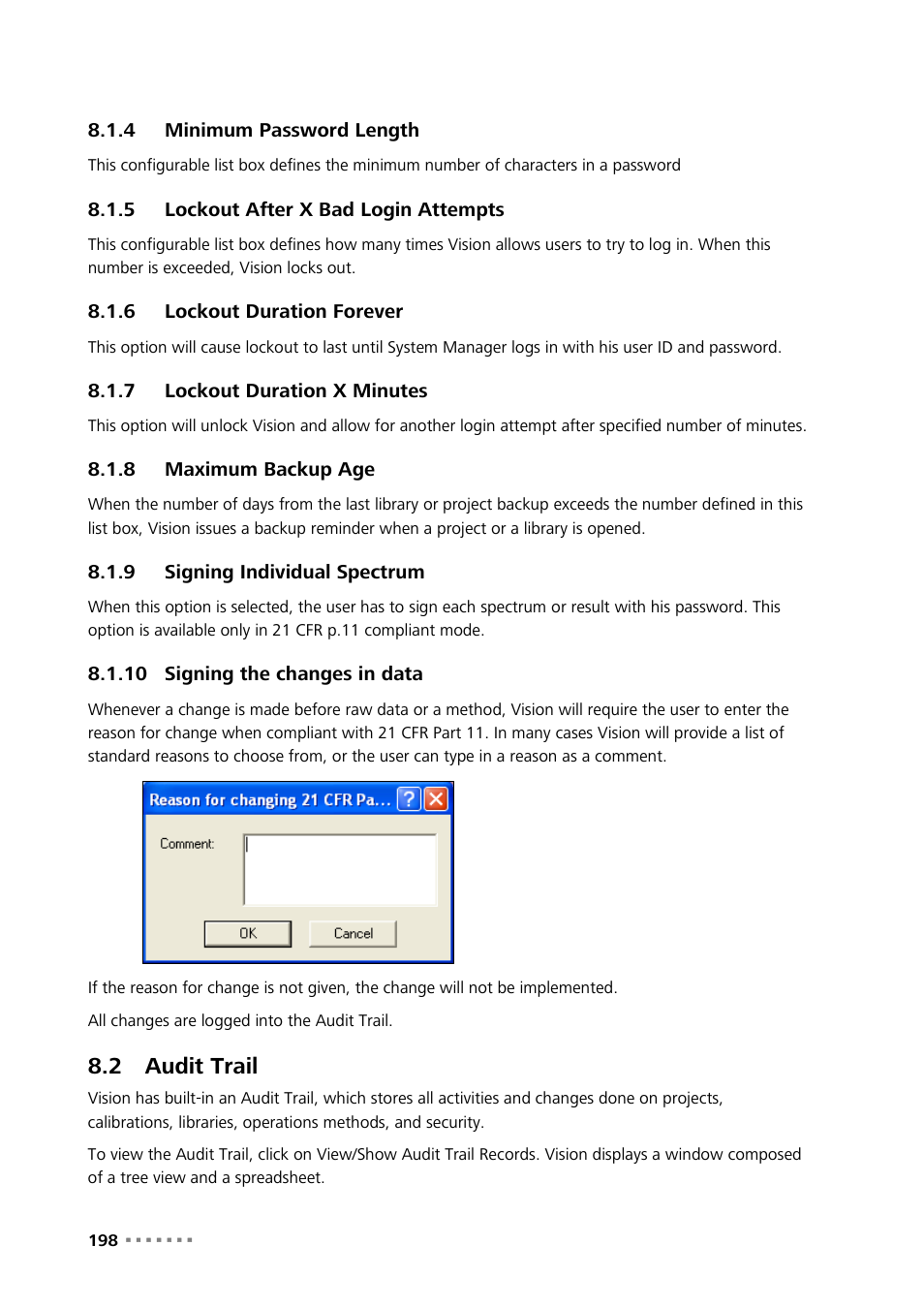 4 minimum password length, 5 lockout after x bad login attempts, 6 lockout duration forever | 7 lockout duration x minutes, 8 maximum backup age, 9 signing individual spectrum, 10 signing the changes in data, 2 audit trail, Minimum password length, Lockout after x bad login attempts | Metrohm Vision Manual User Manual | Page 200 / 207