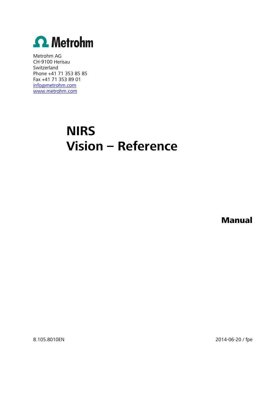 Nirs vision – reference, Manual | Metrohm Vision Manual User Manual | Page 3 / 207