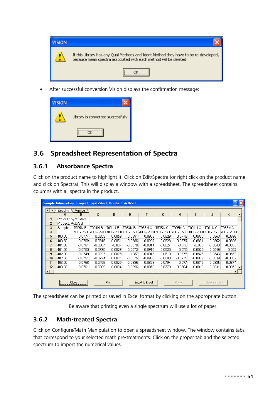 6 spreadsheet representation of spectra, 1 absorbance spectra, 2 math-treated spectra | Spreadsheet representation of spectra, Absorbance spectra, Math-treated spectra | Metrohm Vision Manual User Manual | Page 53 / 207