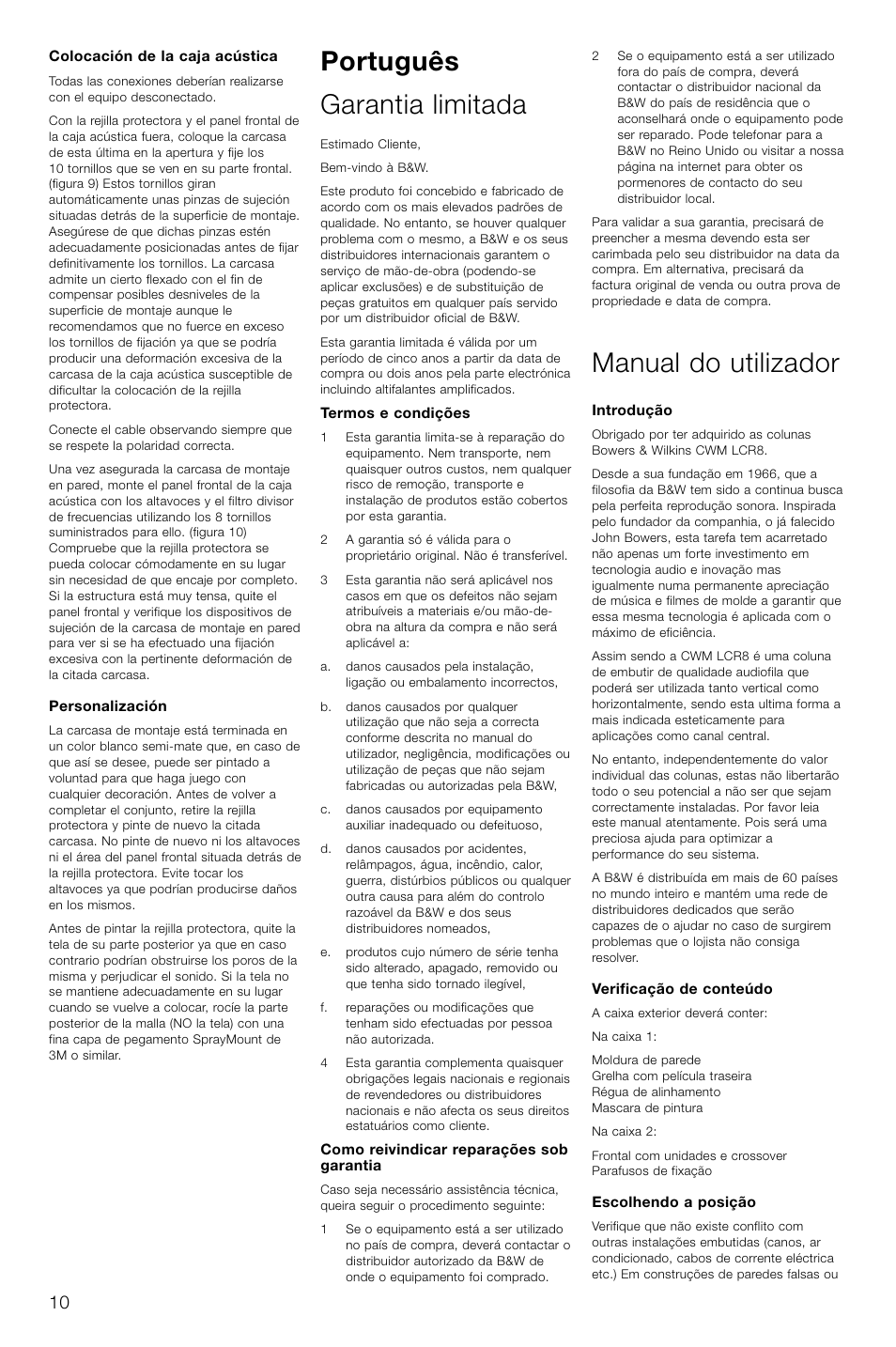 Português garantia limitada, Manual do utilizador | Bowers & Wilkins CWM-LCR8 User Manual | Page 13 / 35