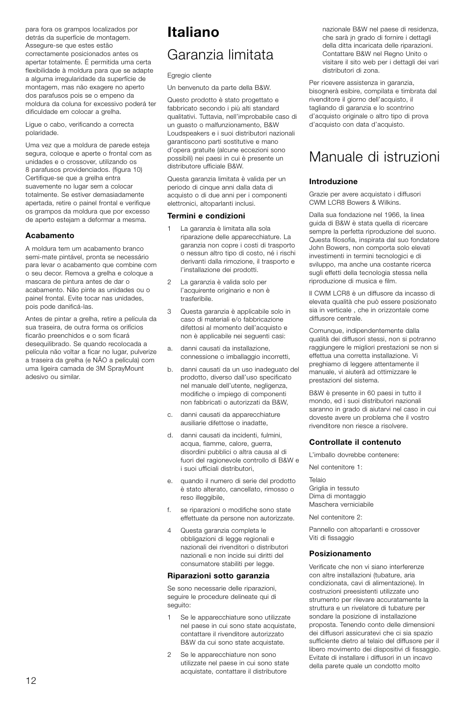 Italiano garanzia limitata, Manuale di istruzioni | Bowers & Wilkins CWM-LCR8 User Manual | Page 15 / 35