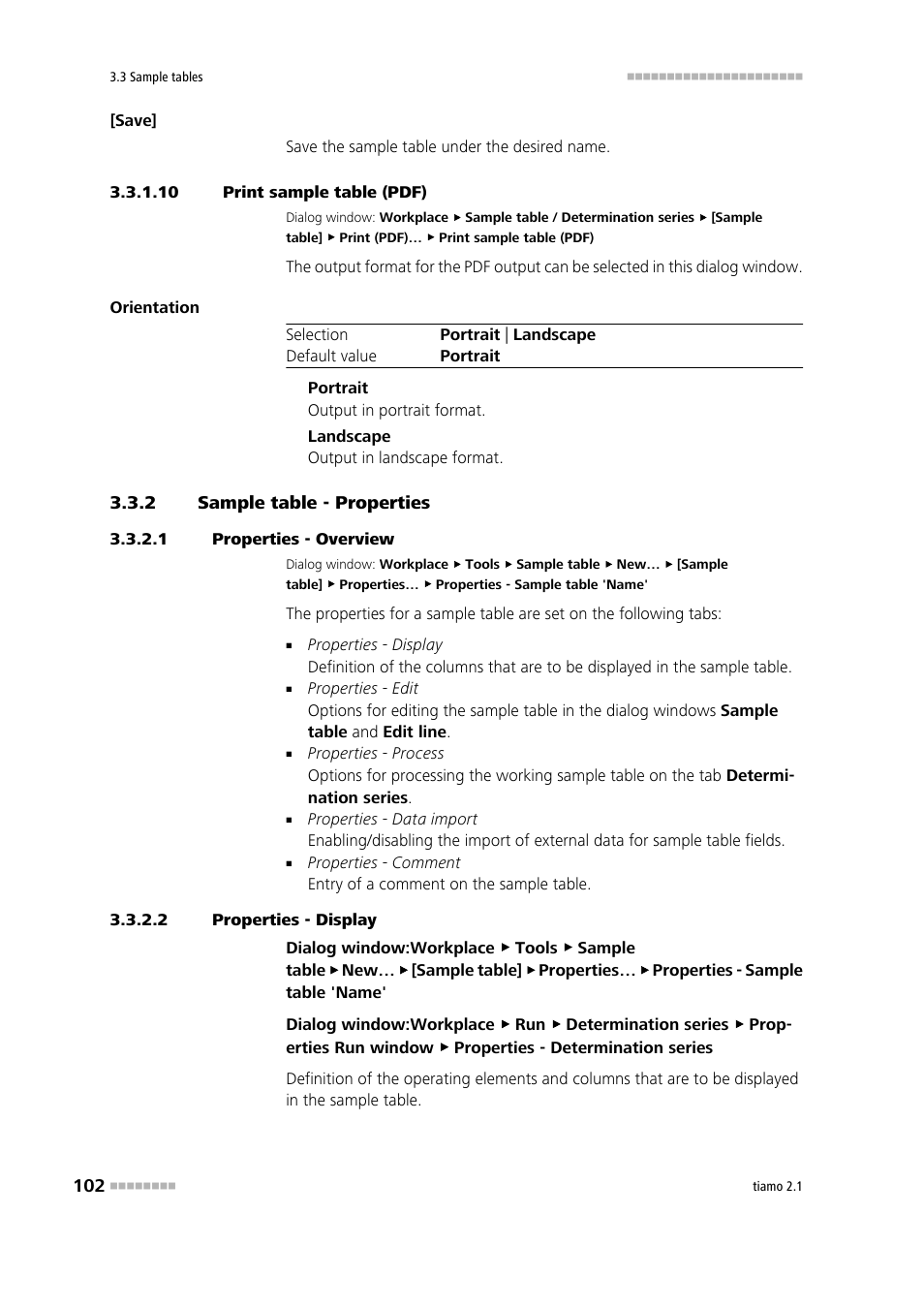 10 print sample table (pdf), 2 sample table - properties, 1 properties - overview | 2 properties - display, Sample table - properties, Print sample table, Define sample table properties | Metrohm tiamo 2.1 Manual User Manual | Page 116 / 1532