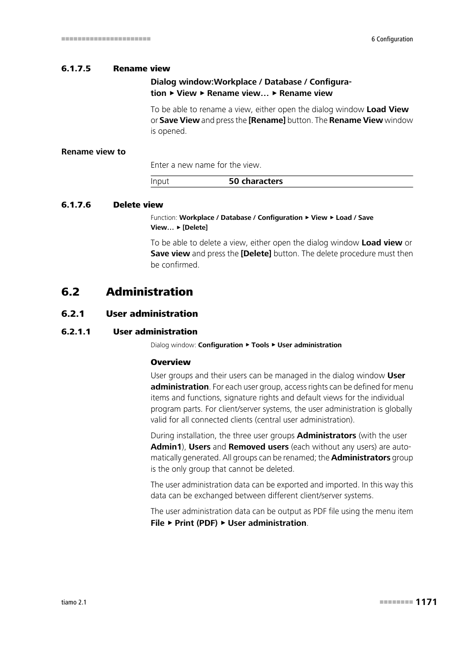 5 rename view, 6 delete view, 2 administration | 1 user administration, Administration 1, User administration 1, Manage user groups | Metrohm tiamo 2.1 Manual User Manual | Page 1185 / 1532