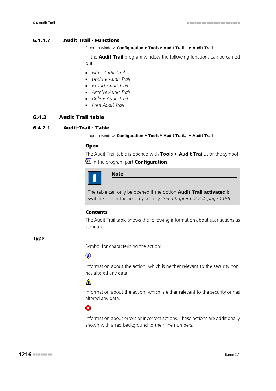 7 audit trail - functions, 2 audit trail table, 1 audit-trail - table | Audit trail table 6, Audit trail table | Metrohm tiamo 2.1 Manual User Manual | Page 1230 / 1532