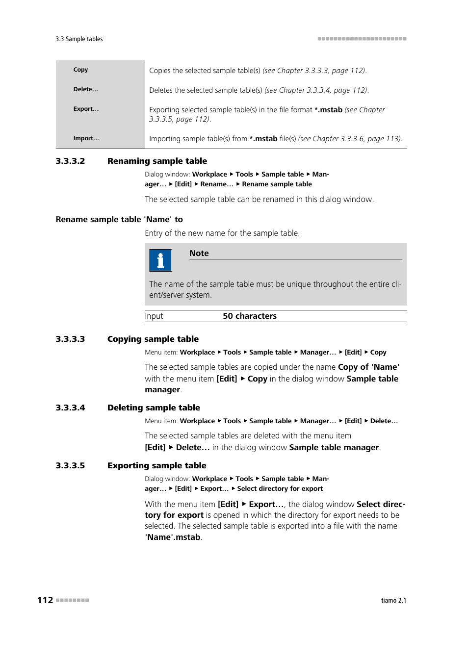 2 renaming sample table, 3 copying sample table, 4 deleting sample table | 5 exporting sample table | Metrohm tiamo 2.1 Manual User Manual | Page 126 / 1532