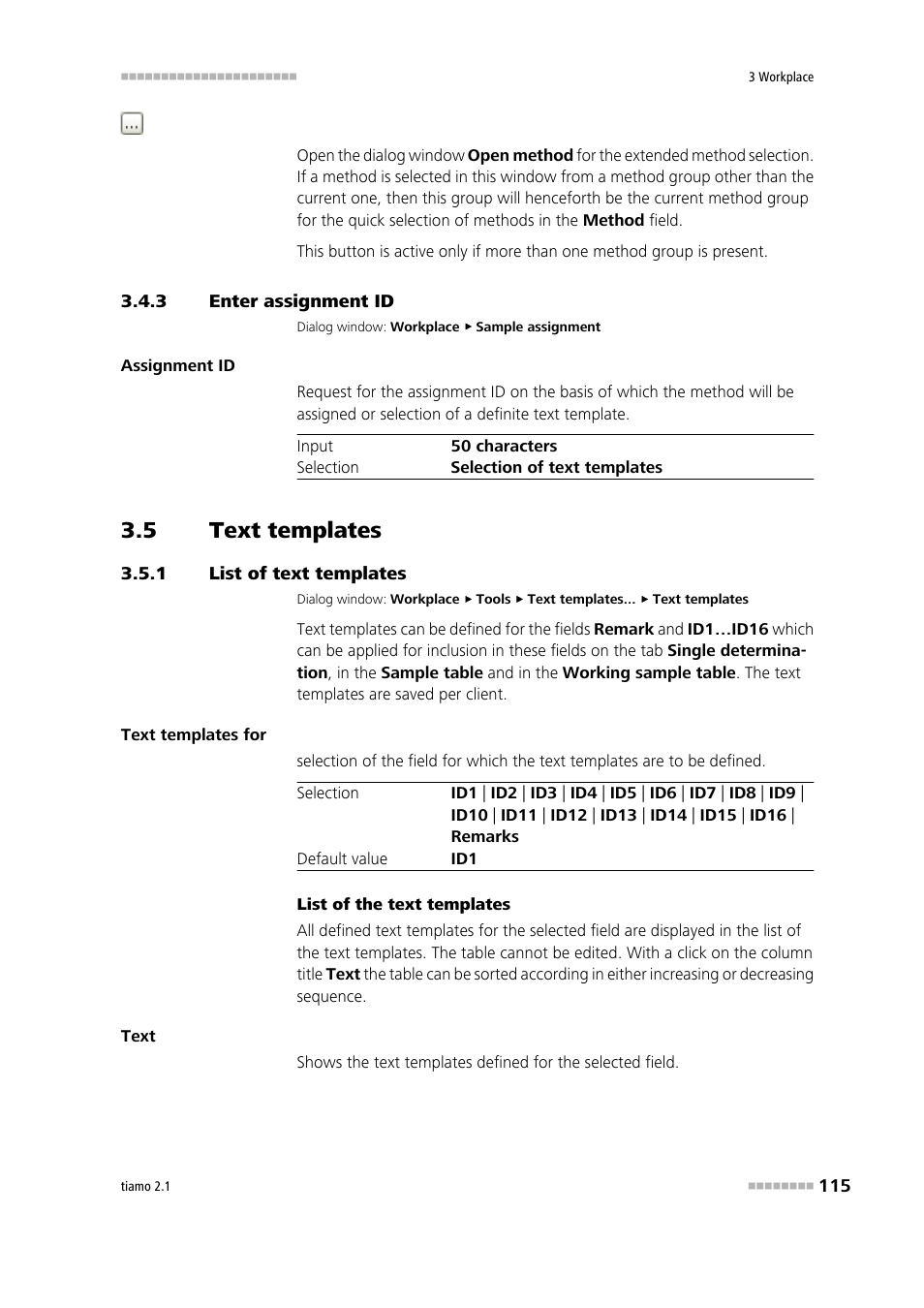 3 enter assignment id, 5 text templates, 1 list of text templates | Enter assignment id, Text templates, List of text templates, Define text templates | Metrohm tiamo 2.1 Manual User Manual | Page 129 / 1532