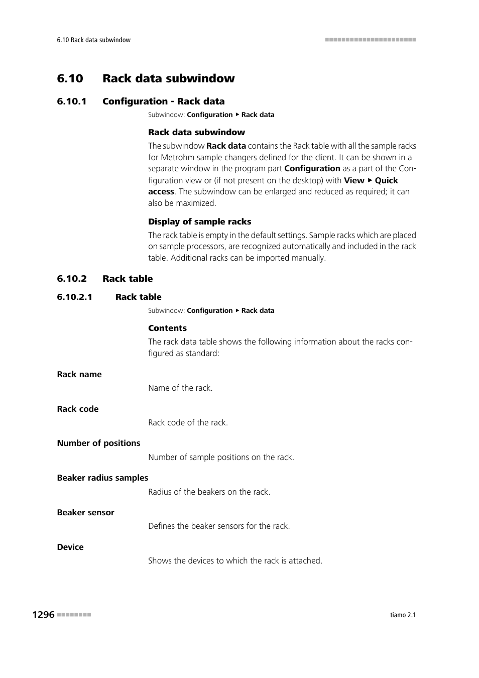 10 rack data subwindow, 1 configuration - rack data, 2 rack table | 1 rack table, 10 rack data subwindow 6 6.10.1, Configuration - rack data 6, Rack table 6, Rack data | Metrohm tiamo 2.1 Manual User Manual | Page 1310 / 1532