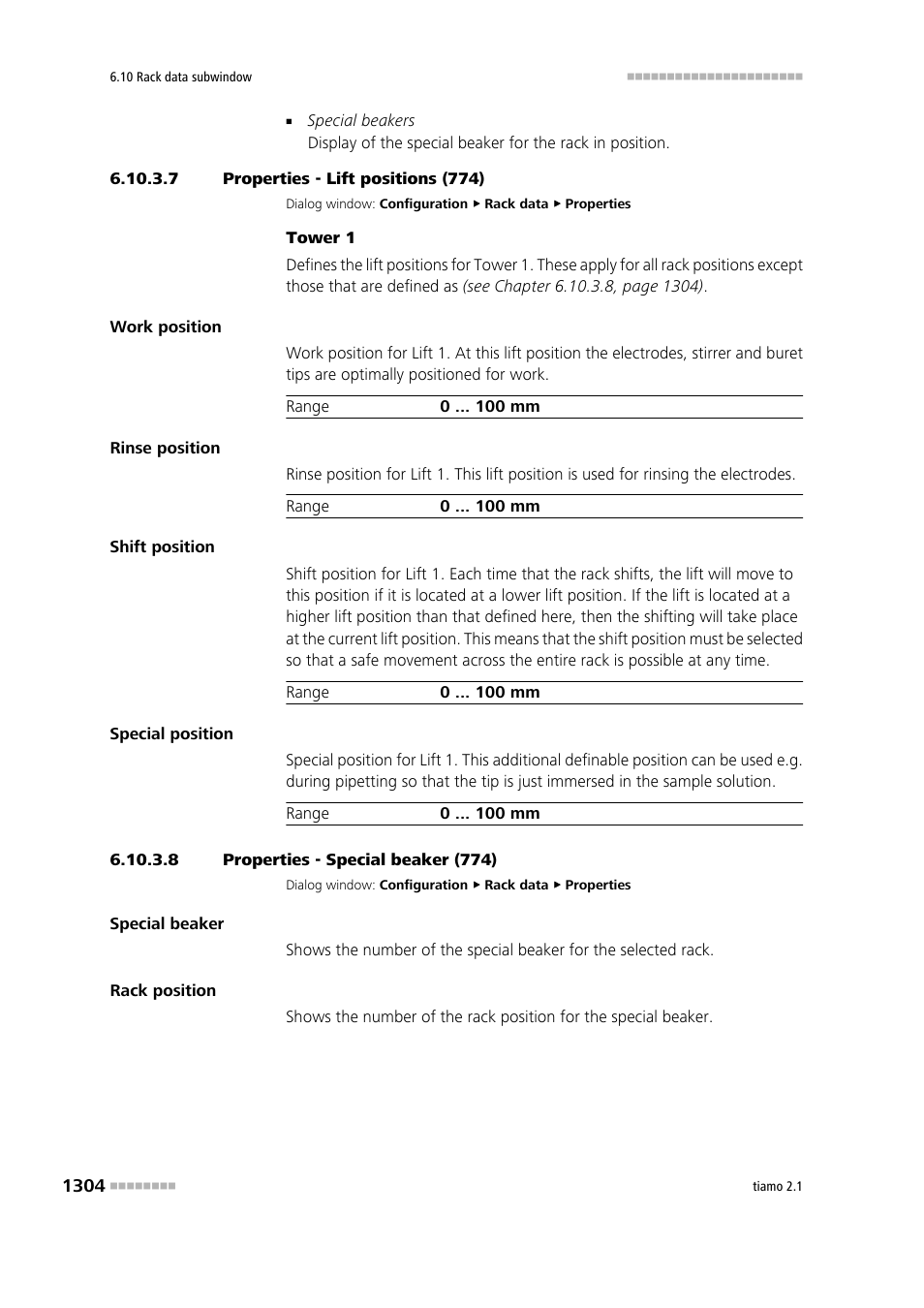 7 properties - lift positions (774), 8 properties - special beaker (774) | Metrohm tiamo 2.1 Manual User Manual | Page 1318 / 1532