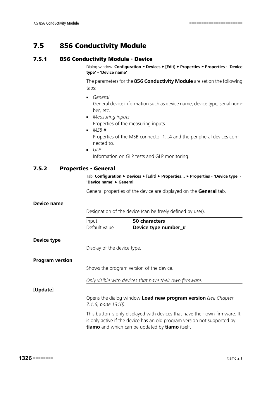 5 856 conductivity module, 1 856 conductivity module - device, 2 properties - general | 856 conductivity module 6, 856 conductivity module - device 6, 856 conductometer | Metrohm tiamo 2.1 Manual User Manual | Page 1340 / 1532